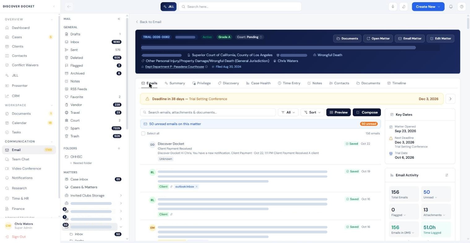 Case email view in Discover Docket